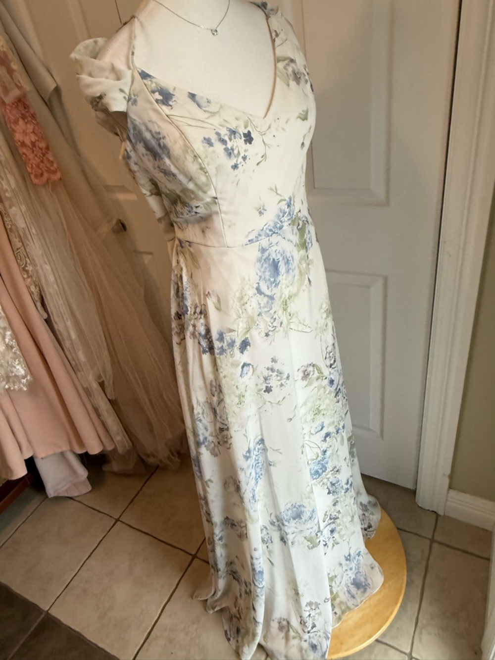 After Six Ivory lux chiffon Maxi Dress with Blue Garden Floral Print